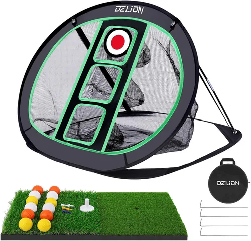 Red y Alfombrilla de Chipping de Golf - Objetivo de Entrenamiento Interior Plegable Emergente con 2 Alfombrillas de Golpeo y 12 Pelotas de Práctica