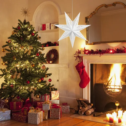 Vista 8 de LIOOBO Linternas de estrella de papel: pantalla de lámpara colgante de estrella de Navidad, luz hueca de cubierta de papel blanco, lámparas Textura