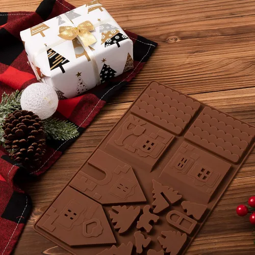 Vista 7 de Whaline Christams - Bandeja para hornear de casa de jengibre, moldes de silicona para postres, chocolate, dulces, galletas (2 piezas)