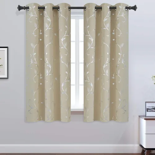 Vista 3 de BUHUA Juego de 2 paneles de cortinas opacas con estampado de vid plateada, cortinas con aislamiento térmico para oscurecer la habitación, con Aqua