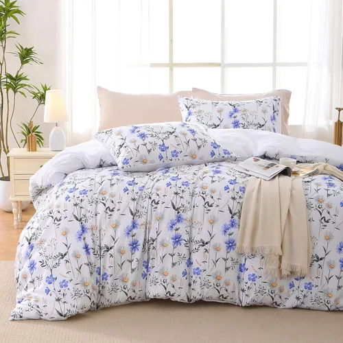 Vista 53 de MUXHOMO - Funda de edredón tamaño Queen, juego de funda de edredón reversible floral gris con cierre de cremallera, 3 piezas, juego de ropa de cama