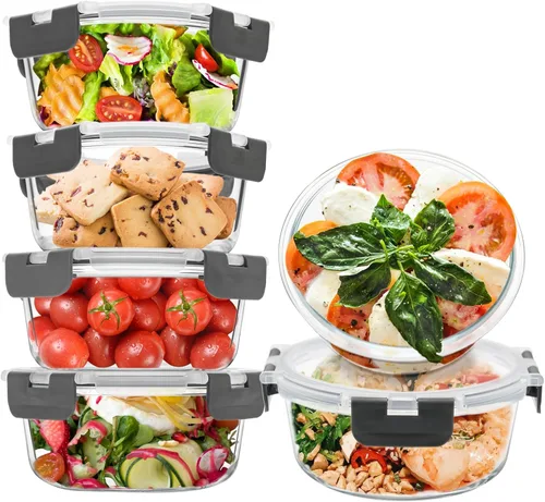 Vista 10 de Paquete de 6 recipientes pequeños de vidrio de 12 onzas para preparación de comidas, recipientes de vidrio para almacenamiento de alimentos con Gris