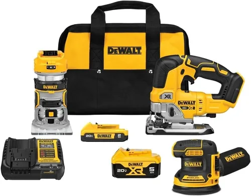 DEWALT 20 V Max* Kit combinado de 3 herramientas, enrutador inalámbrico sin escobillas, lijadora orbital aleatoria, sierra caladora, batería y