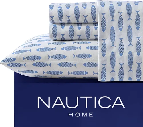 Vista 29 de Nautica - Juego de sábanas tamaño twin, sábanas refrescantes nítidas y confeccionadas con una sensación suave y ligera de percal de algodón