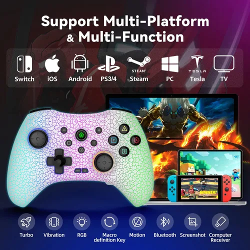 Vista 2 de Y-Team Controlador inalámbrico para juegos para SwitchLiteOLED, Ps-3Ps-4, controlador Bluetooth para Windows PCiOSAndroidSteam, con color RGB