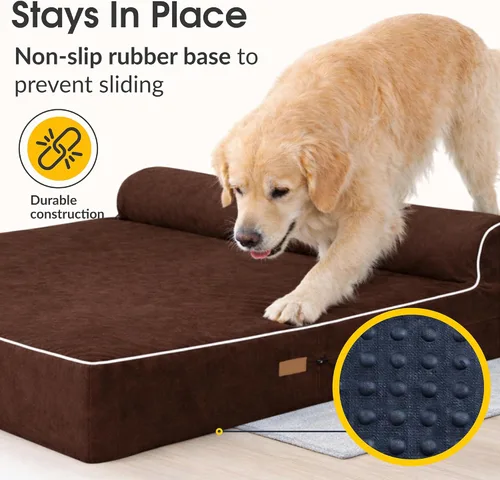 Vista 8 de KOPEKS Cama ortopédica de espuma viscoelástica para perros de 7 pulgadas de grosor, cama extragrande para perros con almohada, color marrón, 50 x 34