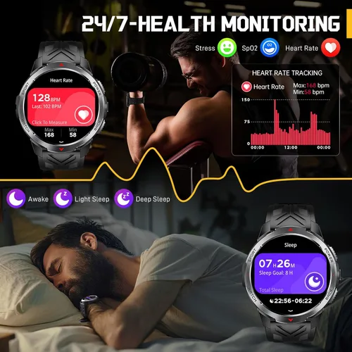 Vista 7 de Reloj inteligente militar para hombre con batería de 1100 mAh/linterna LED, reloj inteligente táctico resistente de 1.7 pulgadas con texto