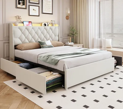 Vista 14 de Base de cama tamaño queen con cabecera de almacenamiento y 2 cajones, base de cama tapizada con luces LED y práctica estación de carga, no necesita