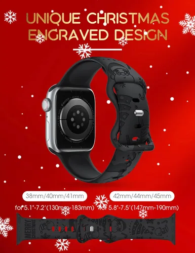 Vista 5 de Wearlizer - Correa con copos de nieve de Navidad grabada compatible con Apple Watch de 41/38/40/42/45/44/46/49 mm, correa deportiva de silicona