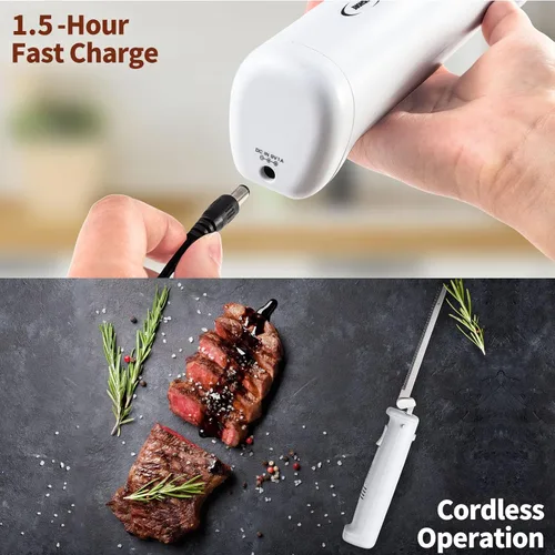 Vista 3 de Cuchillo eléctrico profesional inalámbrico recargable de fácil rebanada con 4 cuchillas de acero inoxidable dentadas recíprocas, talla de carnes