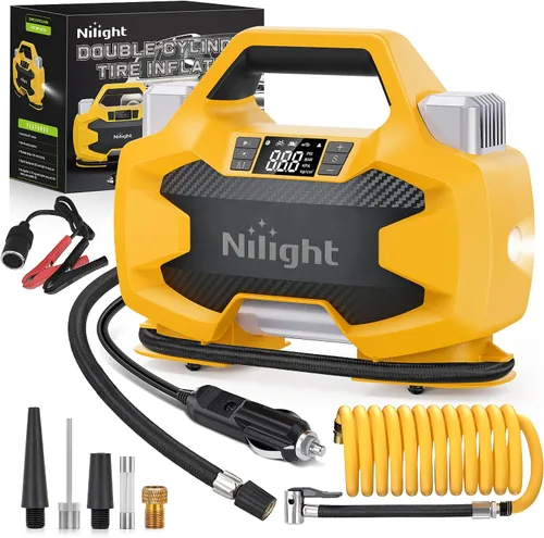 Vista 22 de Compresor de aire portátil Nilight para neumáticos de automóvil de 12V DC con manómetro digital 150PSI, Bomba de neumáticos automática con luz LED