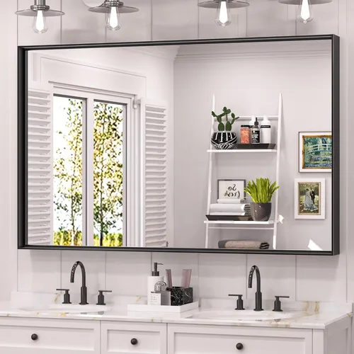 Vista 12 de TETOTE Espejo de baño con marco negro de 48 x 24 pulgadas, espejo rectangular grande de baño negro mate para pared, marco de metal, espejo