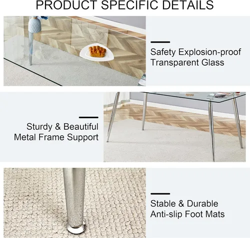 Vista 6 de A 71"x35.4" Heat Resistant Clear Tempered Glass Dining Table with Silver Metal Legs