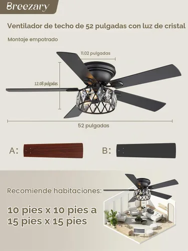 Vista 8 de [Usado] Ventiladores de techo de montaje empotrado de 52 pulgadas con luces y control remoto, 5 cuchillas, motor CC reversible de 6 velocidades Cromo
