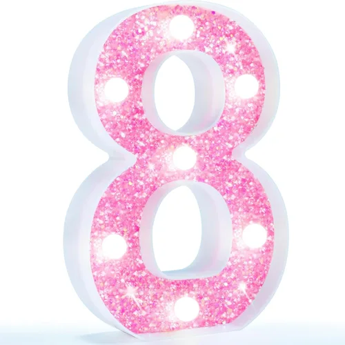 Vista 33 de Pooqla Luces de números de marquesina, números de luz rosa para niñas de 10.º cumpleaños, funciona con pilas, luz nocturna de número con purpurina