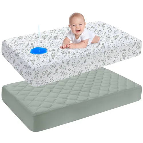 Vista 10 de Yoofoss Protector de colchón impermeable para cuna, paquete de 2, funda acolchada para colchón de cuna, ultra suave y transpirable, lavable a