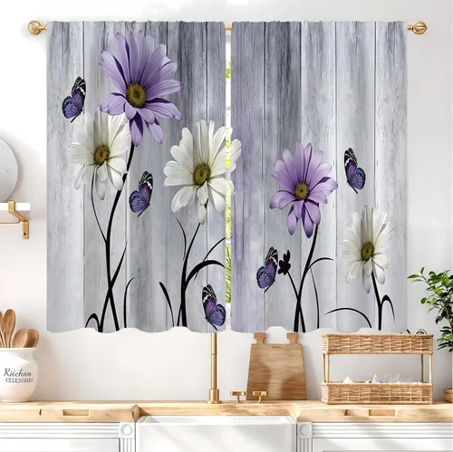 Vista 19 de Cortinas de cocina con estampado floral verde azulado de 27.5 pulgadas de ancho x 39 pulgadas de largo, 2 paneles con bolsillo para barra, rústicas
