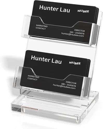 NIUBEE Tarjetero acrílico con 2 ranuras, soporte para tarjetas de visita de doble capacidad para escritorio, pantalla transparente de 2 niveles para