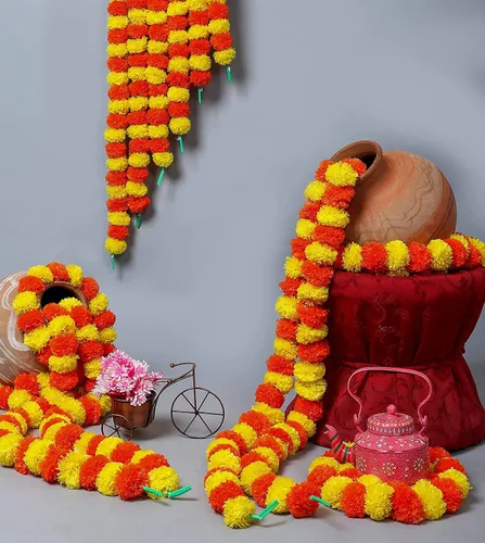 Vista 7 de Guirnalda de flores artificiales de caléndula "calidad premium" de 5 pies de largo cada una para fiestas, bodas indias y decoración del hogar Rosa
