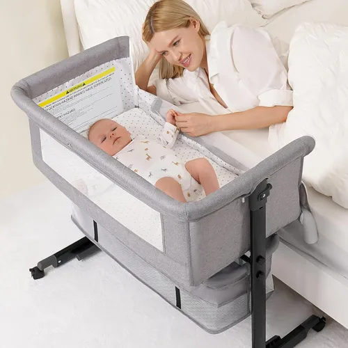 Vista 6 de Moisés para bebé, 3 en 1, para poner al lado de la cama, con ruedas, altura ajustable con modo de balanceo, malla transpirable, cesta de Gris-oscuro