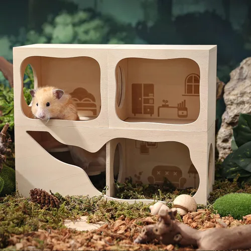 Vista 6 de Hámster Hideout Cámara de casa de madera Animales pequeños Mascotas Túnel explorador Juguetes Cobertizo secreto para hámsters enanos, hámsters