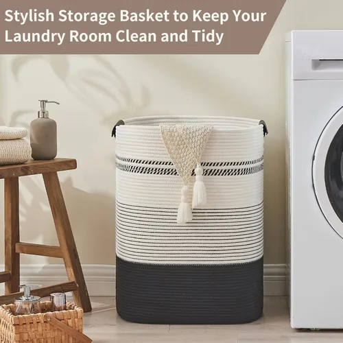 Vista 6 de DOFASAYI Cesta de Ropa Sucia - Cesta de Lavandería Grande de 85L con Asas de Cuero, Cesta de Almacenamiento Decorativa para Mantas - Cesta de Ropa