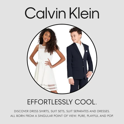 Vista 5 de Calvin Klein Camisa de vestir ajustada de manga larga para niños, estilo abotonado con puños y dobladillo de cola de camisa
