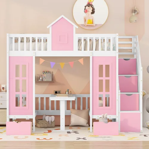 Vista 14 de VilroCaz Cama tipo loft de tamaño individual con barandilla de seguridad para niños y niñas, diseño de casa de juegos, base de cama de madera maciza