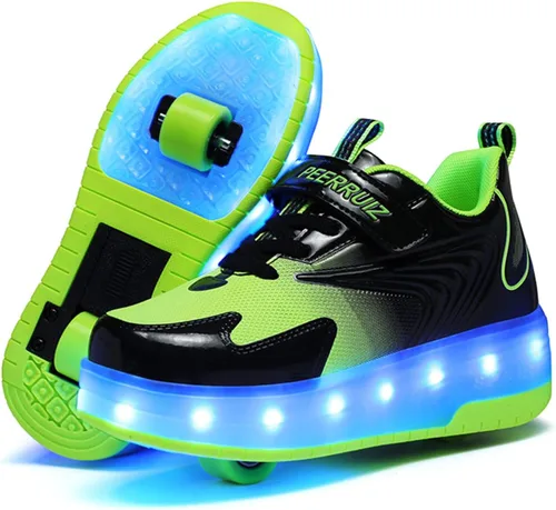 Vista 9 de Ehauuo - Zapatos de dos ruedas con luces recargables, con ruedas retráctiles, tenis unisex con LED intermitentes para Niñas Niños, Principiantes