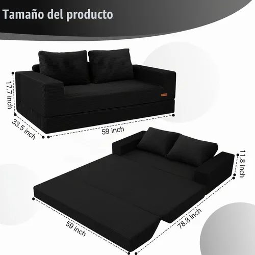 Vista 2 de COMAX Sofá Cama Convertible Queen, Sofá de Piso Plegable de Pana Sofá Cama Extraíble Futón Sleeper con Almohadas, Sofá Plegable Sin Huesos Cómodo