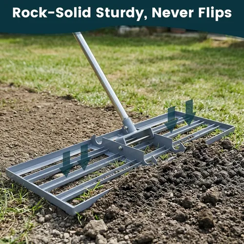 Vista 6 de Rastrillo de nivelación de césped 30x10 pulgadas, (Grado Profesional) Herramienta niveladora de césped con mango de acero inoxidable para céspedes