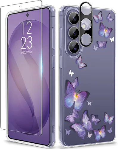 Vista 81 de GVIEWIN Funda protectora para Samsung Galaxy S25, transparente floral, delgada, a prueba de golpes, para mujer, no se pone amarilla, con protector