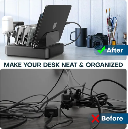 Vista 5 de Estación de carga para múltiples dispositivos, 75 W, 6 puertos, estación de carga rápida USB C con 7 cables de carga mixtos, base de carga USB