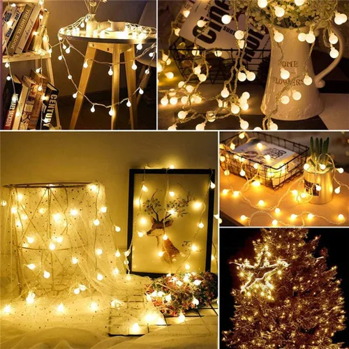 Vista 5 de Luces LED de cadena enchufables, 16 pies/5m, 50 bombillas LED de globo blanco cálido, luces de hadas de globo para vacaciones/Navidad/boda/fiesta