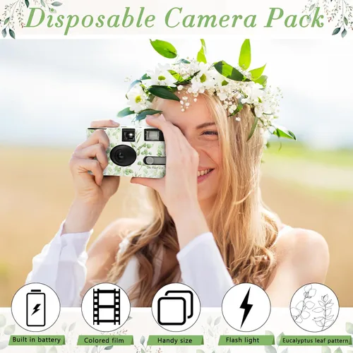 Vista 6 de Paquete de 6 cámaras desechables a granel para bodas, eucalipto de un solo uso de 1.378 in de película desechable con flash, ISO 400 17 exposiciones