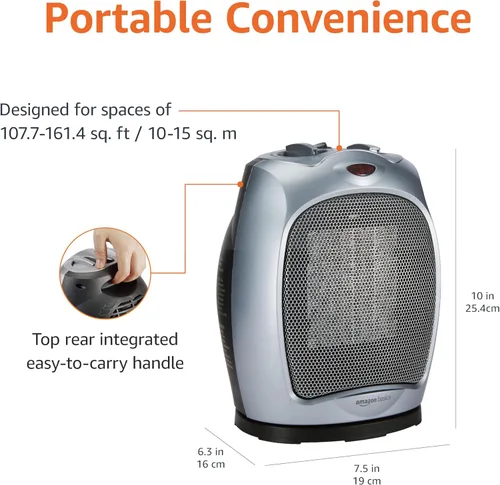 Vista 3 de Amazon Basics Calentador de espacio de cerámica oscilante, solución de calefacción portátil para interiores, con protección contra