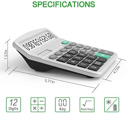 Vista 5 de Calculadora electrónica de doble potencia con batería solar y AA, pantalla grande de 12 dígitos (2 negros básicos y 1 plata actualizada)