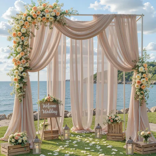 Vista 22 de Tela drapeada para arco de boda, 1 panel de 18 pies, cortina de telón de fondo transparente azul bebé, cortina de gasa para boda, arco, ceremonia