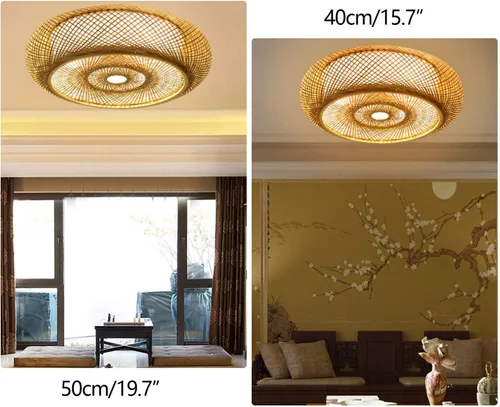 Vista 9 de Lámpara moderna de 3 luces, lámpara de interior, lámpara de techo vintage de bambú, lámpara colgante de linterna de ratán para cocina, comedor