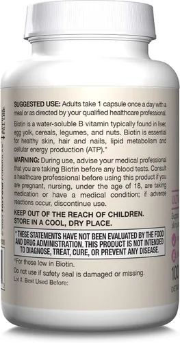 Vista 10 de Jarrow Formulas Biotin Ultra Strength 5000 mcg, suplemento dietético, soporte para el cabello, la piel y las uñas, 100 cápsulas vegetales