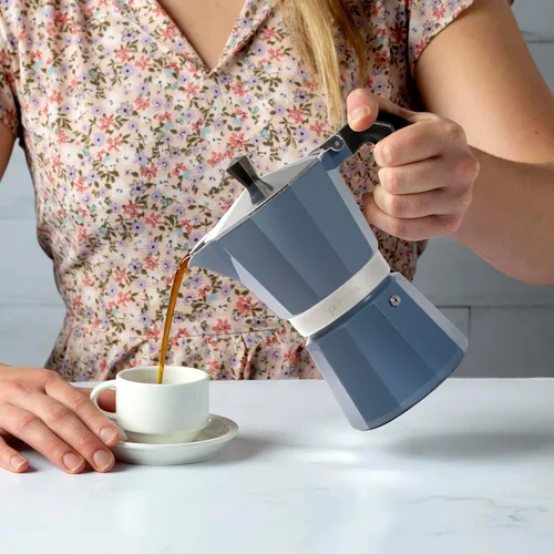 Vista 7 de Primula Cafetera clásica para café expreso y café, olla moka para café italiano y cubano, cafetera Greca, cafeterías, 6 tazas de espresso, azul