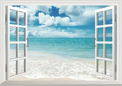 Vista 8 de FLFK Adhesivo falso para pared para ventana, mural de pared de ventana de playa de atardecer para decoración de pared, calcomanías de pared