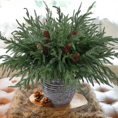 Vista 7 de florisso Ramas artificiales de pino Norfolk de Navidad para jarrones, 12 paquetes de ramas de pino sintético con 5 piezas de tallos de piña falsos