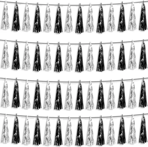 Vista 6 de 4P Guirnalda de Borla de Flecos de Aluminio Metálico Negro para Flotas de Desfile, Despedida de Soltera, Boda, Cumpleaños, Halloween, Navidad