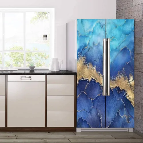 Vista 3 de Juego de envolturas de vinilo autoadhesivo para refrigerador, diseño abstracto de mármol azul con venas doradas, mural artificial para puerta