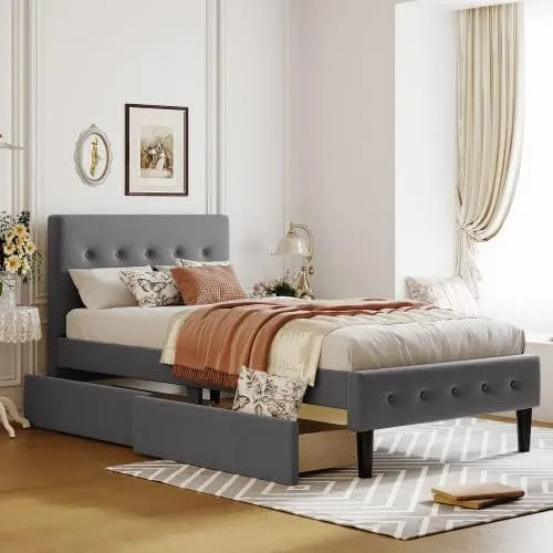 Cama de plataforma tapizada de tamaño individual con 2 cajones de almacenamiento y cabecero, marco de cama individual moderno para niños, niñas,
