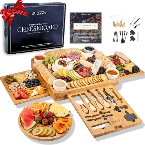 Juego de tablas de charcutería – Tabla grande de queso de bambú y plato con accesorios de charcutería, regalos de inauguración de la casa para el
