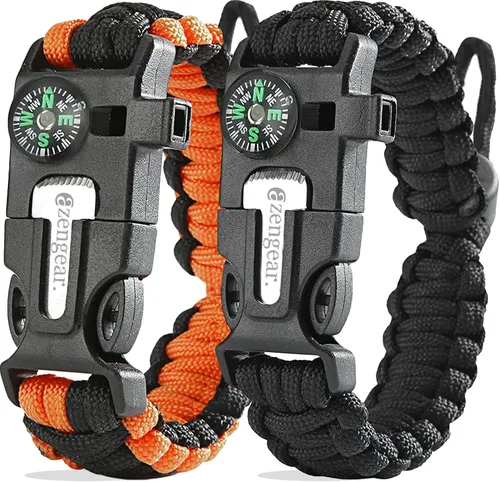aZengear Paracord Survival Bracelet (2 Pack) Fire Starter, Whistle, Compass