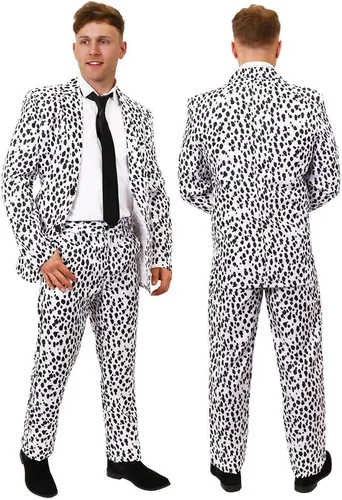 Vista 2 de Disfraz de Dálmata para hombre con estampado de dálmatas con lazo negro, talla S - XXL