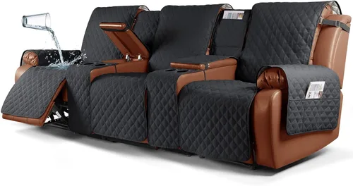 Vista 28 de Ruaozz Funda impermeable para sofá biplaza reclinable con consola, funda antideslizante para sofá reclinable dividido, con correas elásticas, Beige
